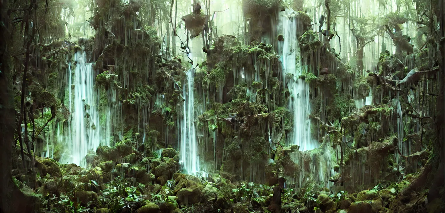 Image similar to a hyper realistic architectural witch shrine under a waterfall in the woods, gorgeous lighting, lush forest foliage, painting by chiara bautista and tom bagshaw, muca beksinski and norman rockwell and greg rutkowski weta studio, and lucasfilm