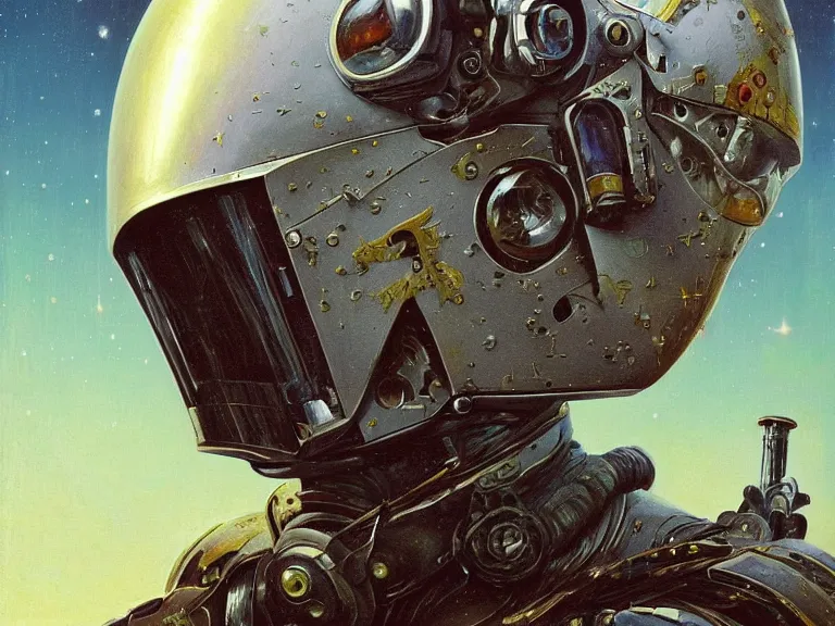 Image similar to a detailed profile oil painting of a bounty hunter in armour and visor, cinematic sci-fi poster. technology flight suit, bounty hunter portrait symmetrical and science fiction theme with lightning, aurora lighting clouds and stars by beksinski carl spitzweg and tuomas korpi. baroque elements. baroque element. intricate artwork by caravaggio. Trending on artstation. 8k