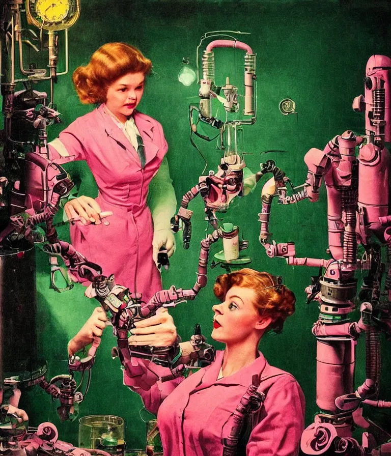 Image similar to a female mad scientist building a humanoid robot - man, in a darkly lit laboratory room, 1 9 5 0 s horror movie poster style, norman rockwell oil painting, tight shot, close - up shot, retro science fiction, vintage, saturated pink and green lighting, shadowy lighting, cohesive