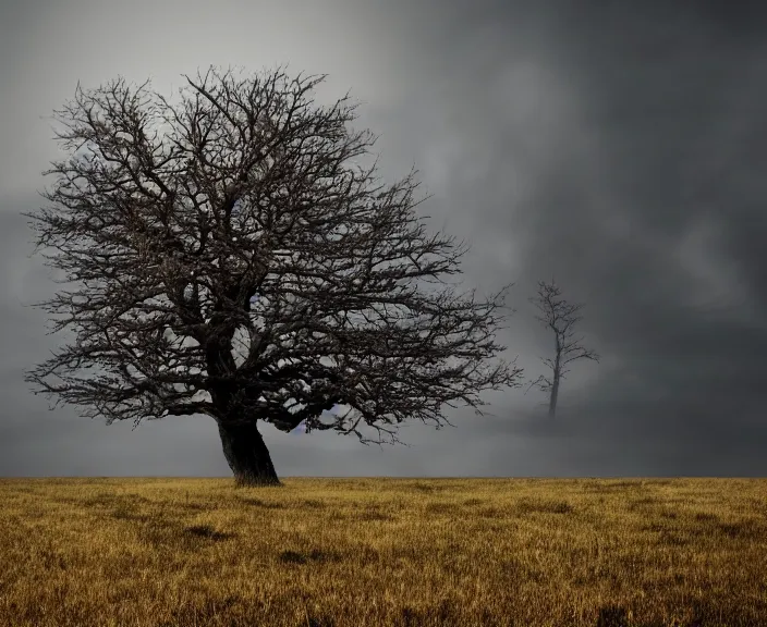 Prompt: 4 k hd, high detail photograph of lonely tree during apocalyptic scenery, shot with sigma f / 4. 2, 2 5 0 mm sharp lens, wide shot, consistent, volumetric lighting, high level texture render