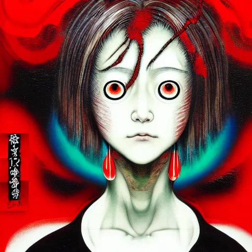 Image similar to yoshitaka amano blurred and dreamy realistic three quarter angle horror portrait of a sinister young woman with short hair, big earrings and red eyes wearing office suit with tie, junji ito abstract patterns in the background, satoshi kon anime, noisy film grain effect, highly detailed, renaissance oil painting, weird portrait angle, blurred lost edges