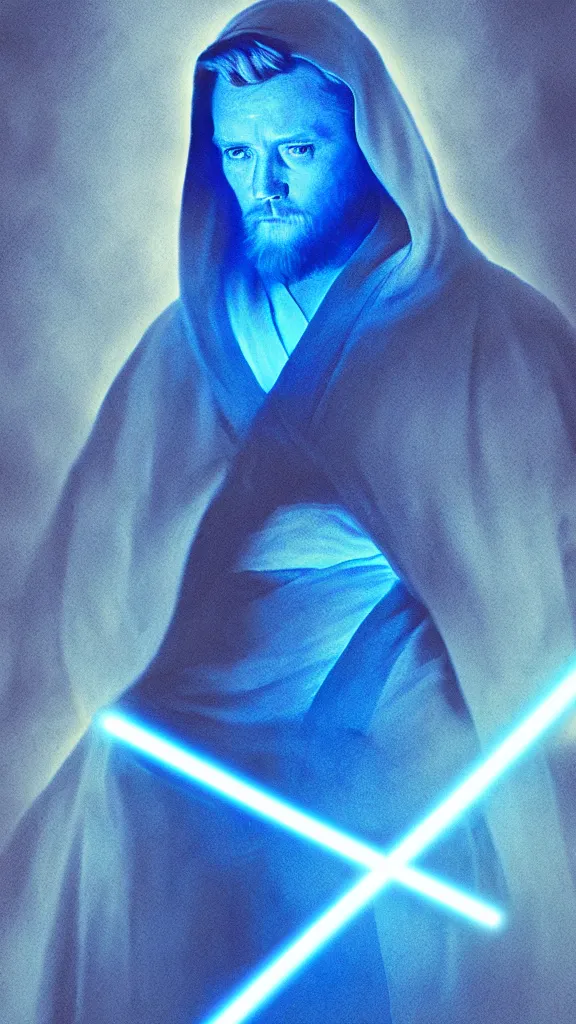 Prompt: a portrait of the ghost of obi - wan, as a digital photograph. blue transucent colors. glowing ghost. transparent portrait. color harmony, 8 k detail, gallery quality, hd wallpaper, premium prints available, hyper - detailed, intricate design.