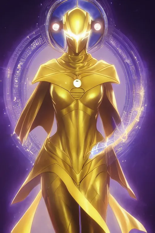 Image similar to anime key visual of a beautiful young female doctor fate!! intricate, gold and blue suit, cape, glowing, powers, dc comics, cinematic, stunning, highly detailed, digital painting, artstation, smooth, hard focus, illustration, art by artgerm and greg rutkowski and alphonse mucha