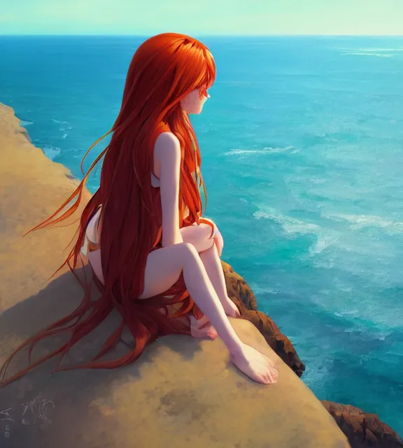 Image similar to a girl with long flowing auburn hair sitting on a cliff overlooking a beach. vivid colors, soft lighting, atmospheric, cinematic, moody, in the style of ilya kuvshinov and range murata, krenz cushart, rule of thirds, oil on canvas, 8 k.