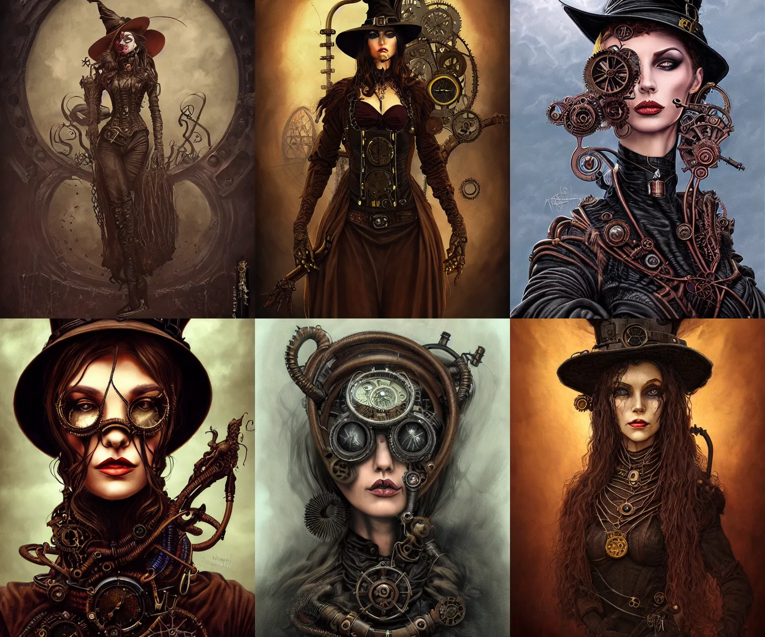 Prompt: portrait of a steampunk witch, full color, dark colors, artstation, trending, intricate lining, inspired by tormentum dark sorrow screenshot, by piotr ruszkowski, h. r. giger and zdzisław beksinski