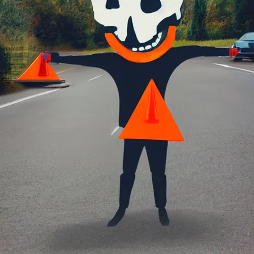 Prompt: a skeleton with traffic - cones instead of hands