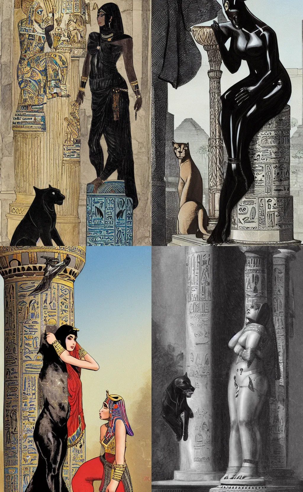 Prompt: a sad egyptian princess leans against a marble pillar while a black panther slinks nearby by david roberts