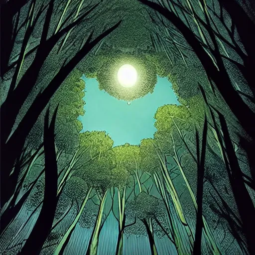 Prompt: a gigantic eye hovers over a forest, it looks down on you. wide angle, ratio 16:9. pov shot, you are standing right below the eye and look up. dramatic lighting, concept art, award winning. illustration by Brian bolland