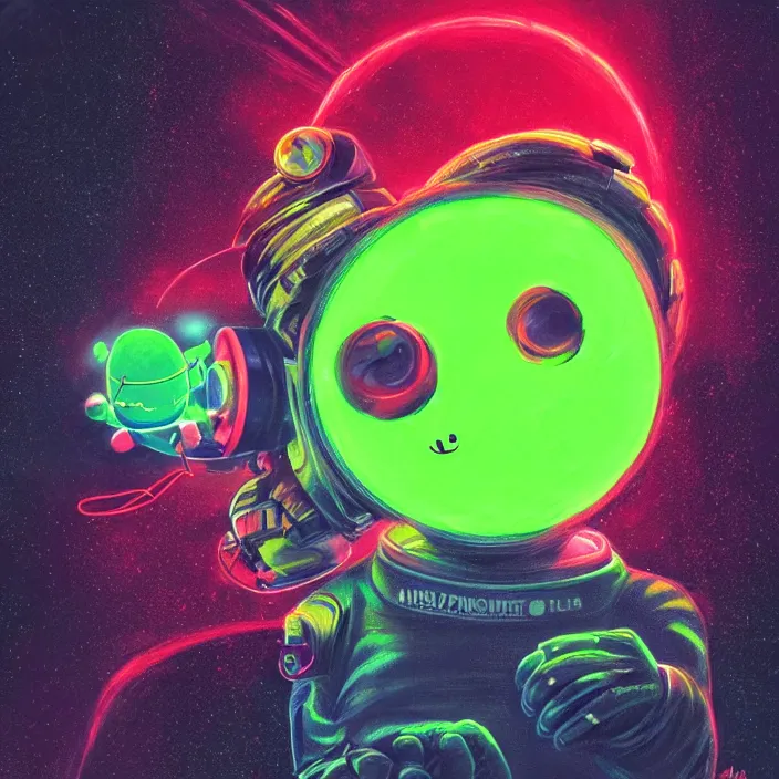 Image similar to cinematic portrait of a cute tennis ball monster in space, neon lasers, chalk, masterpiece, trending on artstation, featured on pixiv, cinematic composition, dramatic pose, beautiful lighting, sharp details, hyper - detailed, hd, hdr, 4 k, 8 k, art by basil gogos