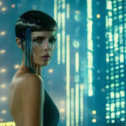 Prompt: 8 k hyper realistic close range night shot of blade runner 2 0 4 7 with adriana chechik as a hologram from a digital signage, transparent skin with imperfections, very small lips, blue suit. long blonde hair flowing in the wind. urban landscape in the background. lenses 5 0 mm