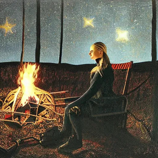 Image similar to a striking hyper real painting of Elle Fanning with cybernetics, starlit night, campfire, by Andrew Wyeth