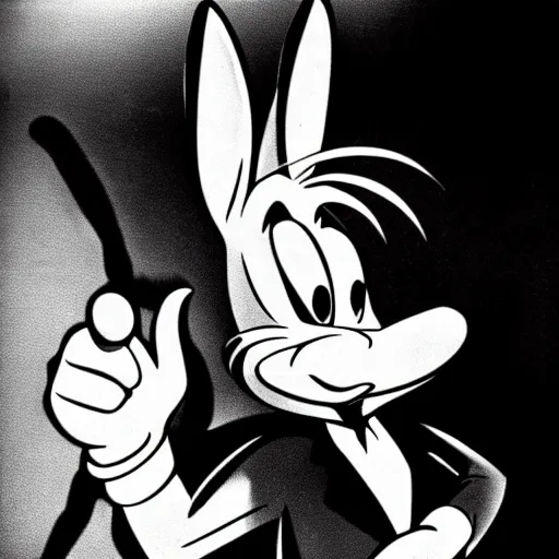 Prompt: movie still, bugs bunny in 1 9 3 0 s film noir movie, black and white