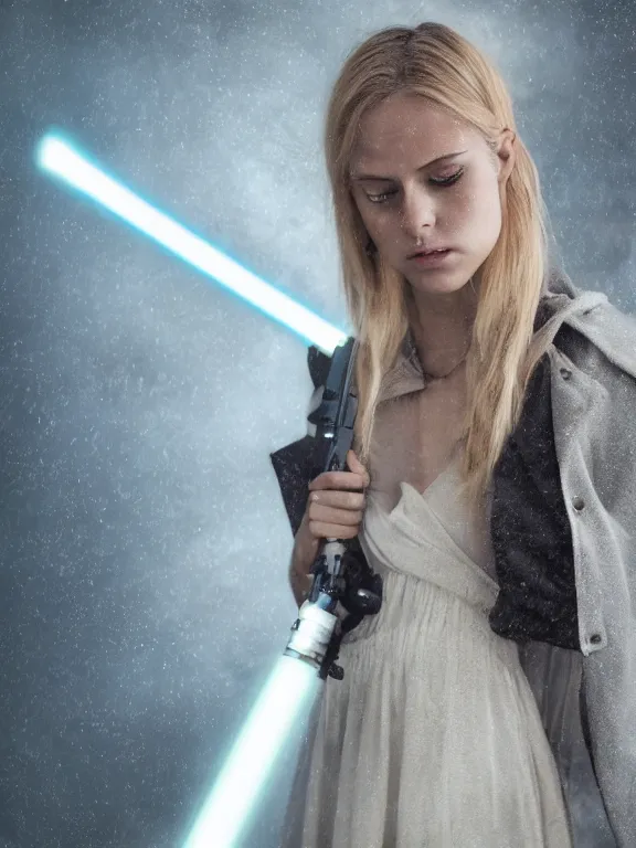 Image similar to cute model annie leonhart holding a lightsaber, beautiful face, detailed face, realistic eyes, pale skin, rule of thirds, cinematic lighting, rainy weather, melancholy atmosphere, volumetric light, realistic reflections, sharp focus, backlit, model agency, instagram photo, shot on sony a 7 iii, beauty filter, postprocessing