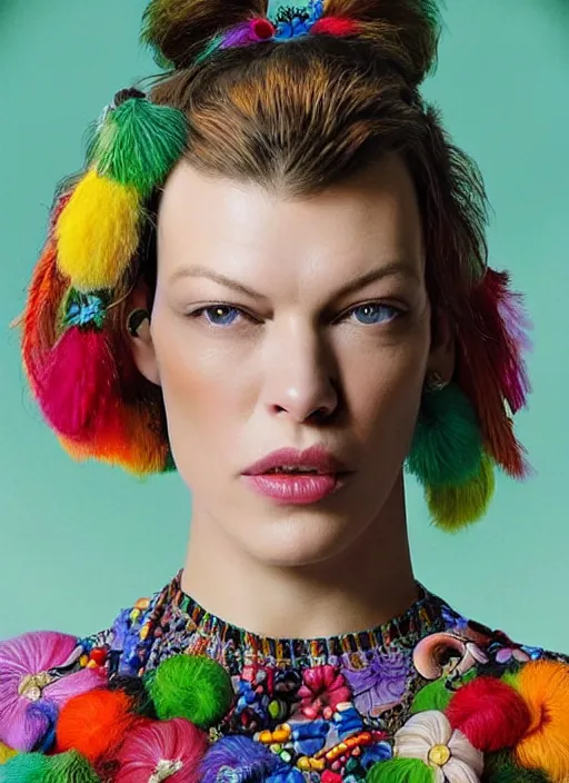 Image similar to beautiful portrait of Milla Jovovich wearing fantastic Hand-dyed cotton dress,embellished beaded feather decorative fringe knots ,colorful pigtail,subtropical flowers and plants,dramatic,symmetrical face,intricate,elegant,highly detailed,8k,post-processing,digital painting,trending on pinterest, GUCCI,PRADA,concept art, sharp focus, illustration, by artgerm,Tom Bagshaw,Lawrence Alma-Tadema,greg rutkowski,alphonse Mucha