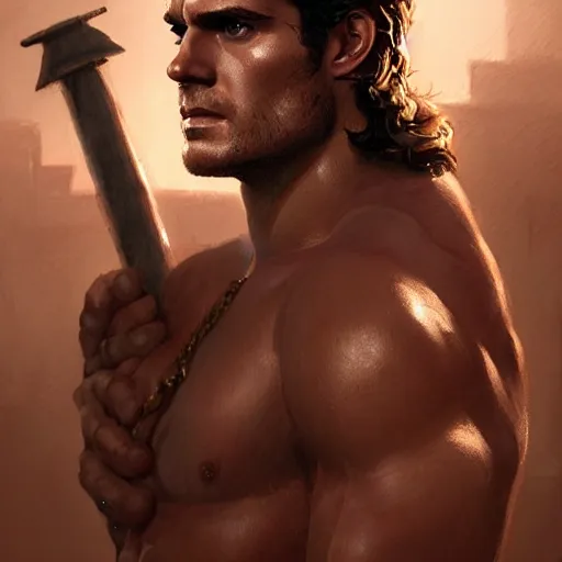 Image similar to Henry Cavill is a roman gladiator, gorgeous, amazing, muscular, silk, intricate, elegant highly detailed, digital painting, artstation, concept art, sharp focus, illustration, by greg rutkowski