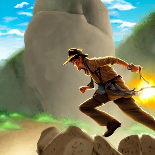 Image similar to Indiana Jones being chased by a boulder trap underground, boulder chase, inside ancient stone temple background, Indiana Jones running away from big round stone, raiders of the lost ark, detailed background, anime key visual