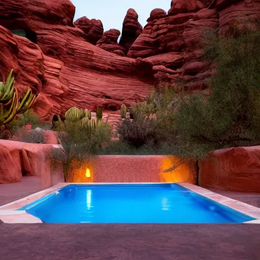 Prompt: full moon over a pool in a courtyard in the Sedona Arizona desert, people lounging, painting in the style of Max Ernst, incredible, 4k