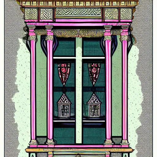 Prompt: digital illustration of a beautiful window open front view, aesthetic, ornate, russian style, colorful architectural drawing, behance contest winner, vintage frame window