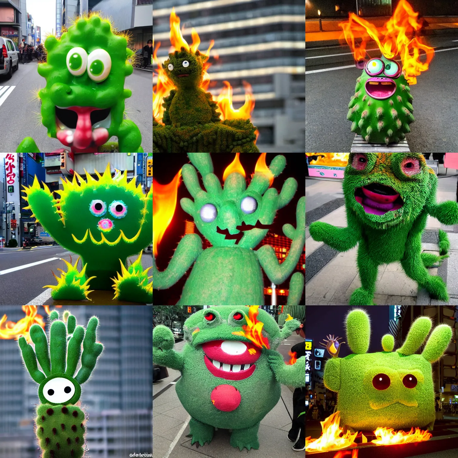 Prompt: cactus monster with fire in eyes in tokyo city