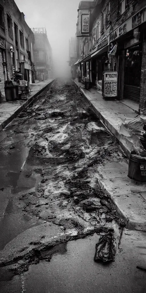 Prompt: dark streets of the diesel punk. Wet stone road. Dirty smoke, narrow streets. People in the gas masks. Gloomy place. Oil spills on the street. Deposing colors.