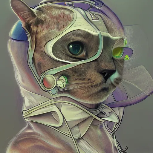 Image similar to high quality high detail portrait of a anthropomorphic cat radiologist in hospital background, ross draws, hyperrealism, intricate detailed, alphonse mucha, 8 k, sci - fi, pastel colors, artstation