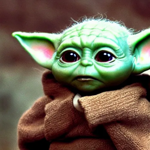 Image similar to A film still of Baby Yoda as a Jedi king realistic,detailed