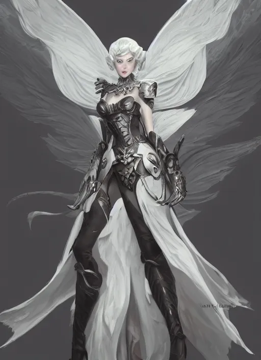 Prompt: a highly detailed illustration of white haired pale lady wearing blindfold, wearing dieselpunk armor dress with iron wings, dramatic floating pose, intricate, elegant, highly detailed, centered, digital painting, artstation, concept art, smooth, sharp focus, league of legends concept art, wlop