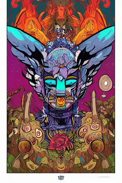 Image similar to animal mask totem roots flower tribal feather gemstone plant wood rock shaman vodoo video game vector cutout illustration vivid multicolor borderlands comics by josan gonzales and dan mumford radiating a glowing aura