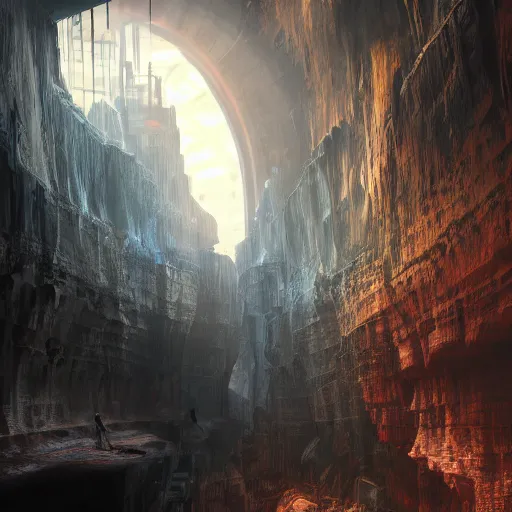 Prompt: a huge armored train driving through a gigantic underground canyon dissapearing into darkness, futuristic, gothic, sci-fi, brutalism, hyperdetailed, Cinematic, panoramic Angle, Side-View, Kinemacolor, Massive, Artstation, 8k