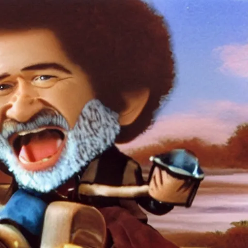 Image similar to bob ross screaming while riding on a rocking horse