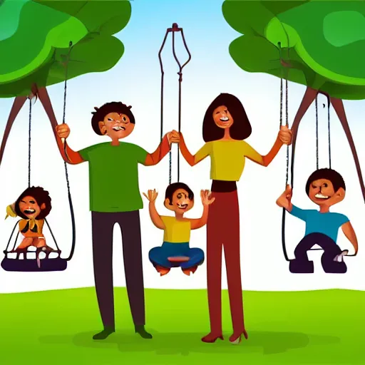 Image similar to family of circle shapes pushing kid on a tree swing, modern cartoon style, bold colors, indigo, mustardy yellow, pea green