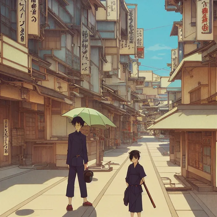 Image similar to empty japanese city, summer, in the style of studio ghibli, j. c. leyendecker, greg rutkowski, artem