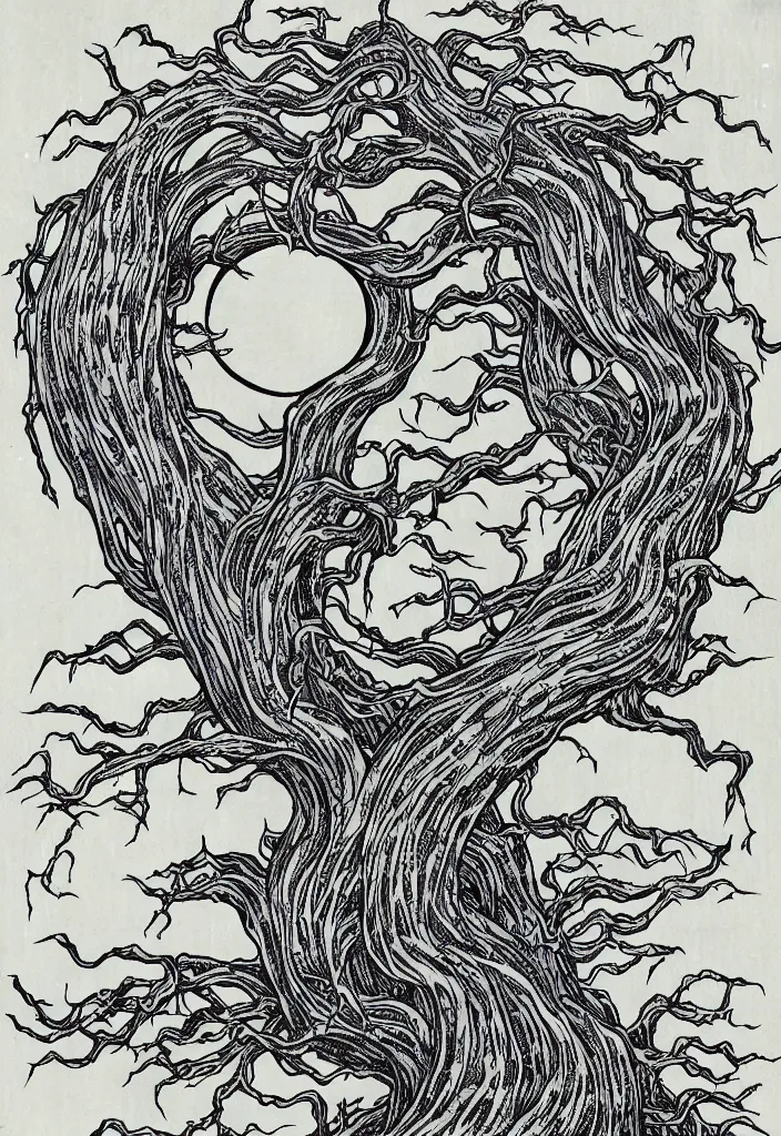 Image similar to prompt: magical white skeleton Bonsai tree squid creature roots merging into big moon drawn by TakatoYamamoto, Japanese woodblock print style, inspired by 1980's sci-ci, clean ink detailed line drawing, intricate detail, manga 1980