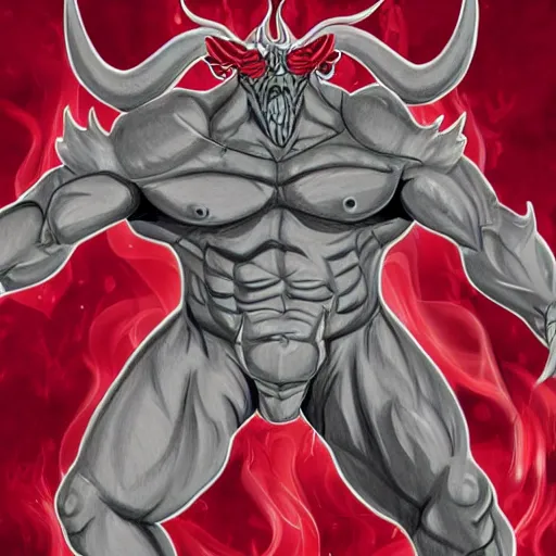 Image similar to full body drawing of a muscled horned Satan Devil , swimming tuxedo, red flames in background