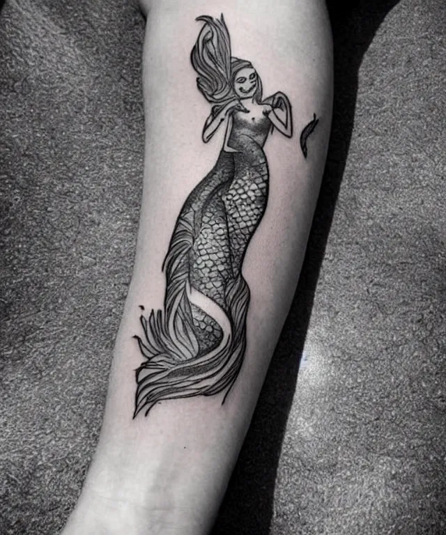 Prompt: black and white tattoo, beautiful mermaid, full body