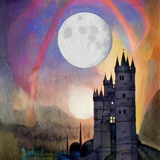 Prompt: a painting of a dreadful white moon over a castle with a waterfall in front of it. digital painting, vertical, intricate, beautiful, detailed, grunge, sharp focus, abstract art by el lissitzky and artgerm and kandinsky and kuvshinv, trending on artstation. gradient darker to bottom