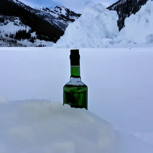 Prompt: vodka bottle buried in snow under an avalanche