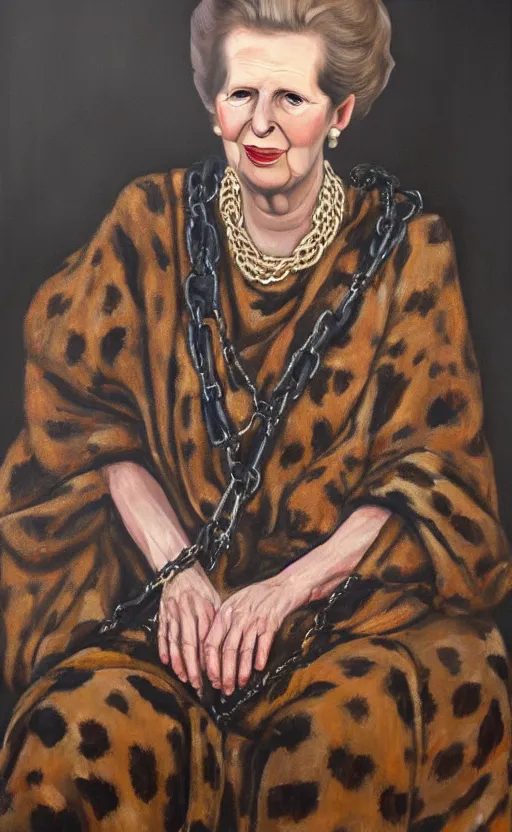 Image similar to an oil portrait of margaret thatcher in ceremonial robe keeping distressed servals in chains at her feet, high quality, artstation, higly detailed, dark lighting