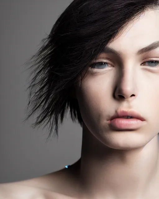 Prompt: professional stunning beautiful head shot photograph of an androgynous fashion model, minimal, posed, beautiful, studio, studio lighting, flat neutral tone, sharp focus, 8 k, very fine detail, fashion magazine