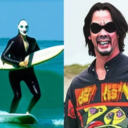 Image similar to surfing keanu reeves as mr. bean as the joker from batman, surfing still from batman vs bean at the beach, 2 0 2 0