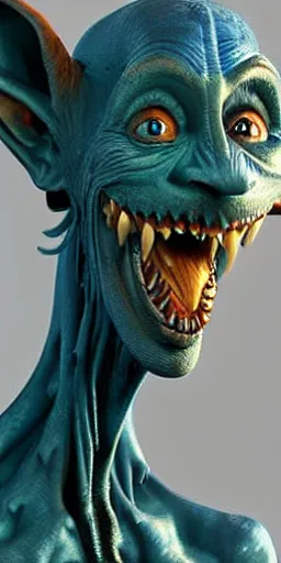 Image similar to a beautiful portrait of a happy blue goblin creature with a paint brush by james gurney | unreal engine :. 3