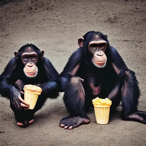 Prompt: a dslr 3 5 mm f 2 chimpanzee photograph of two chimpanzees!!! worshiping a giant ice cream cone sent by aliens that chimpanzees are worshiping, at dawn.