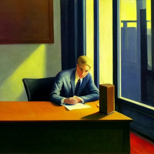 Image similar to a detailed painting, blonde man at a office desk, edward hopper,