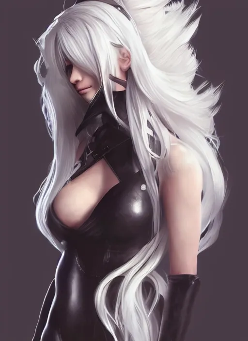 Image similar to A2 from nier automata, long white hair, slim build, fair skin, dynamic pose, smooth, high detailed, artstation, digital illustration, splash art, fanart by artgerm