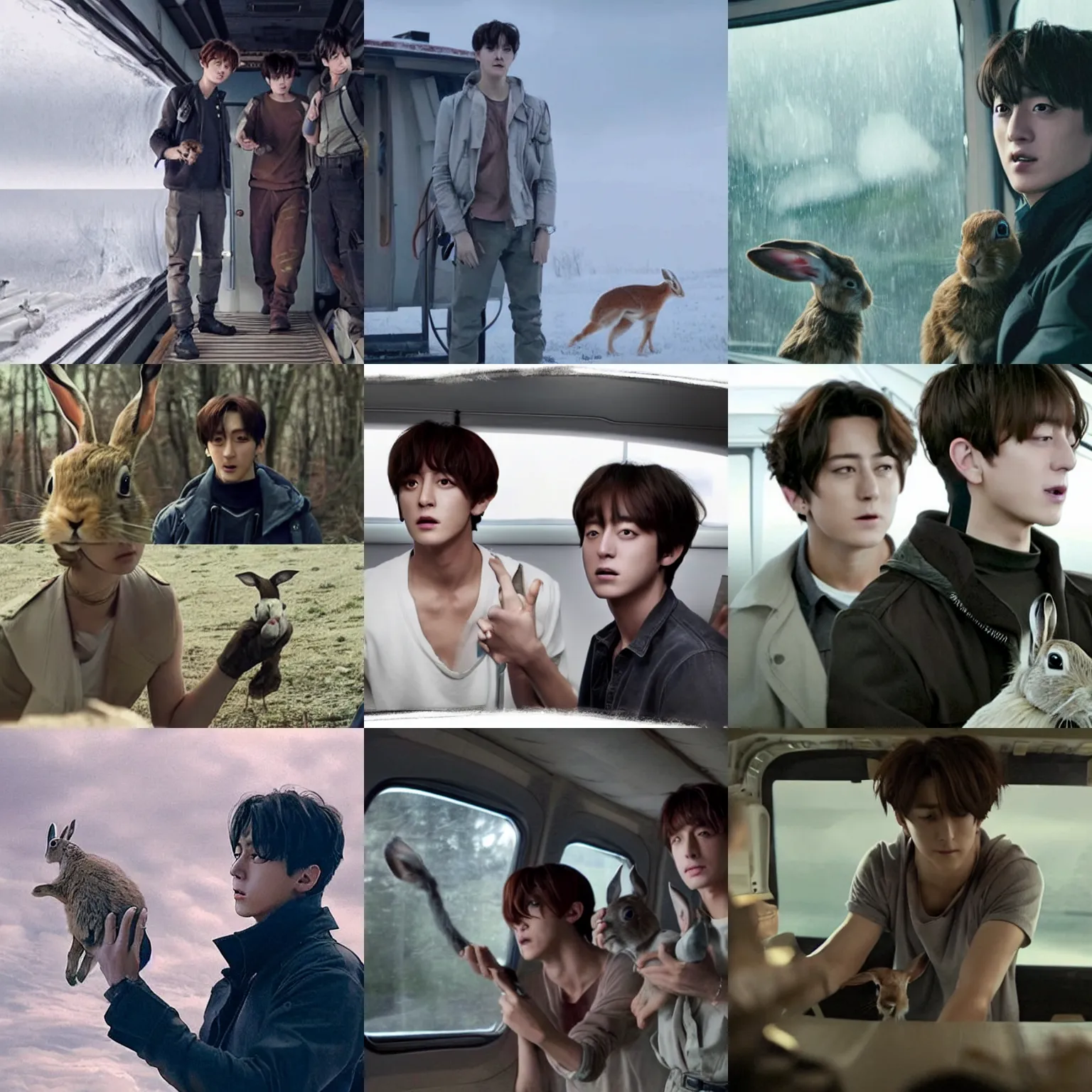 Prompt: scene from a 2010s science fiction film+ suddenly jungkook shows up at the front of the cabin + holding a hare in his hands + Seokjin is startled but glad that Jungkook is back + CGSOCIETY + directed by Luc Besson +