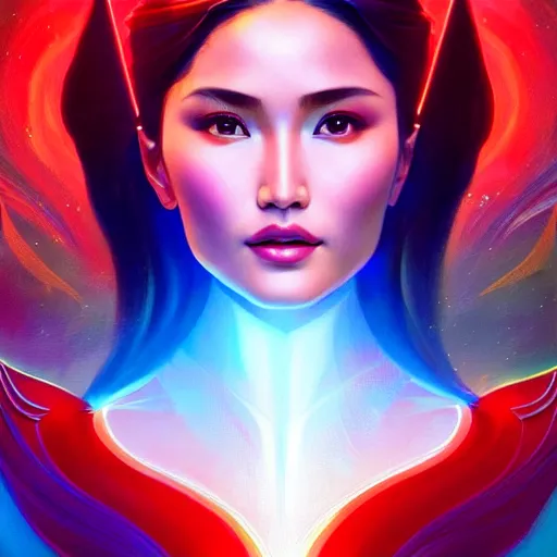 Image similar to heart evangelista as darna, volumetric lights, red and cyan theme, art nouveau botanicals, intricate, highly detailed, digital painting, artstation, concept art, smooth, sharp focus, cinematic, illustration, beautiful face, art by artgerm and greg rutkowski and alphonse mucha