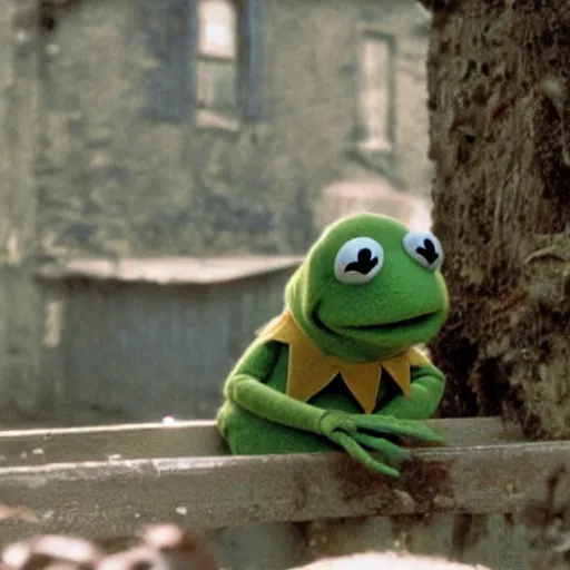 Prompt: a still of kermit the frog in stalker by tarkovsky