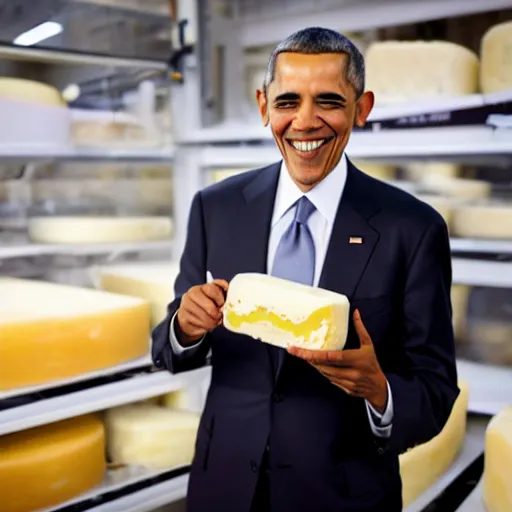 Image similar to Obama smiling and selling you very expensive cheese, 40nm lens, shallow depth of field, split lighting