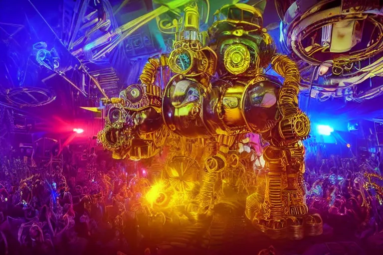 Image similar to scene is elrow party in space in ibiza, portrait photo of a giant huge golden and blue metal steampunk robot, with gears and tubes, eyes are glowing red lightbulbs, shiny crisp finish, 3 d render, 8 k, insaneley detailed, fluorescent colors, haluzinogetic, background is multicolored lasershow