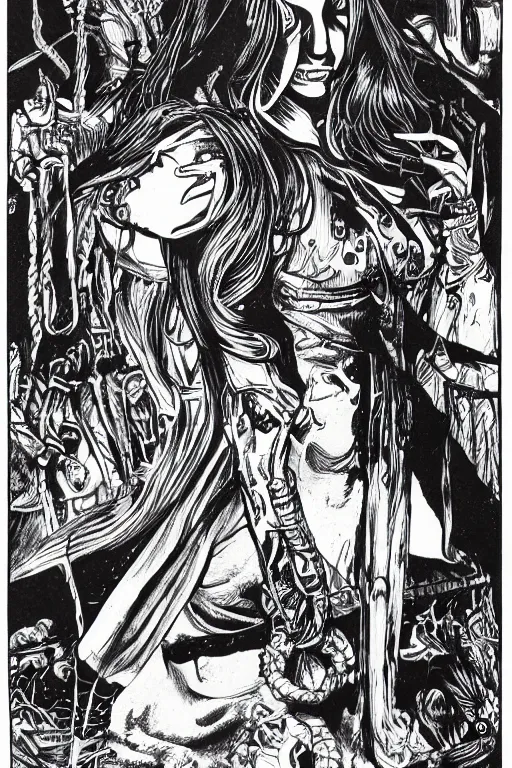 Image similar to detailed illustration for dark witch, 1 9 8 0 s